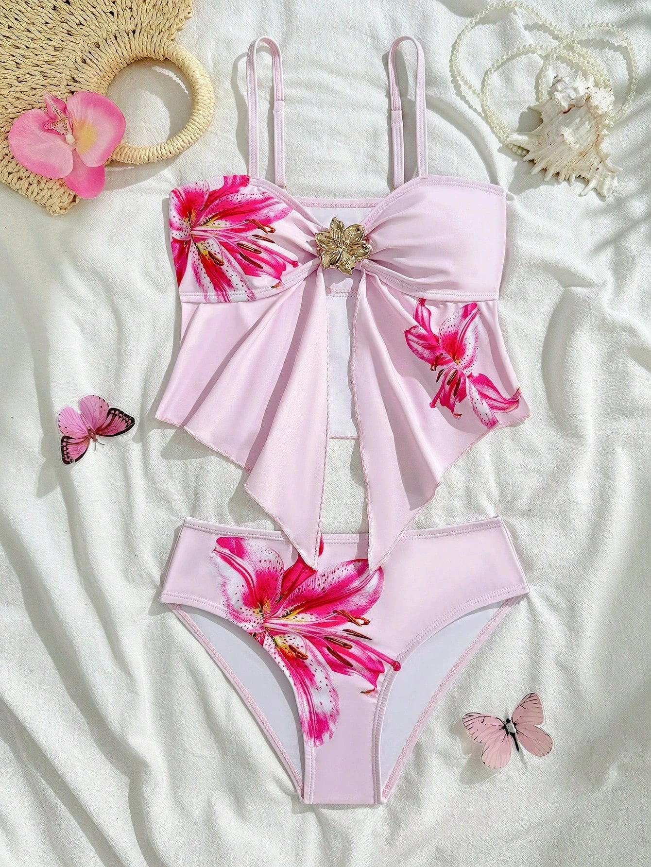 Teen Girl Swimsuit 2pcs Black Tankini Sets Girls Separate Swimwear for 7-16 Years Children Bathing Suit Metal Floral Beach Wear