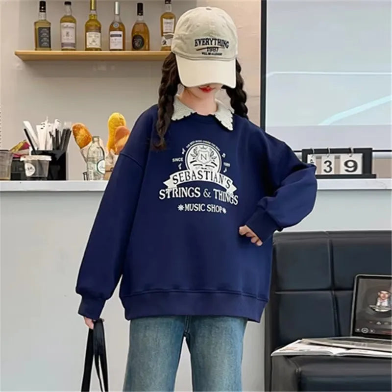 New Spring School Girls Sweatshirt For Teens Cotton Long Sleeve T-shirt Children Turn Down Collar Sweat-shirt Clothing 5-14Y