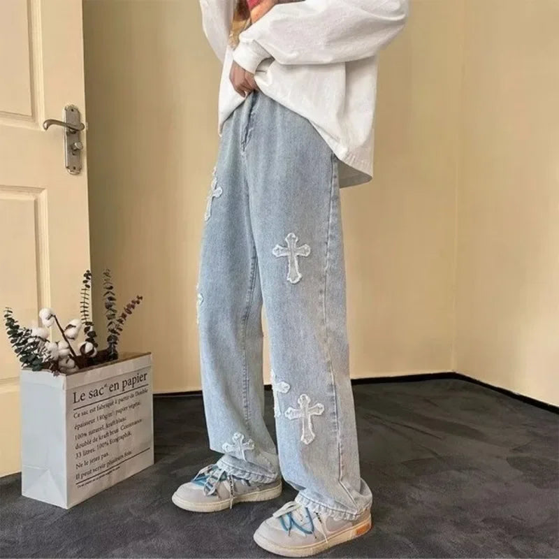 Men Straight Leg Denim Jeans Male New Fashion Casual Loose High Street Y2k Pants New Wide Leg Hip Hop Black Blue Pants