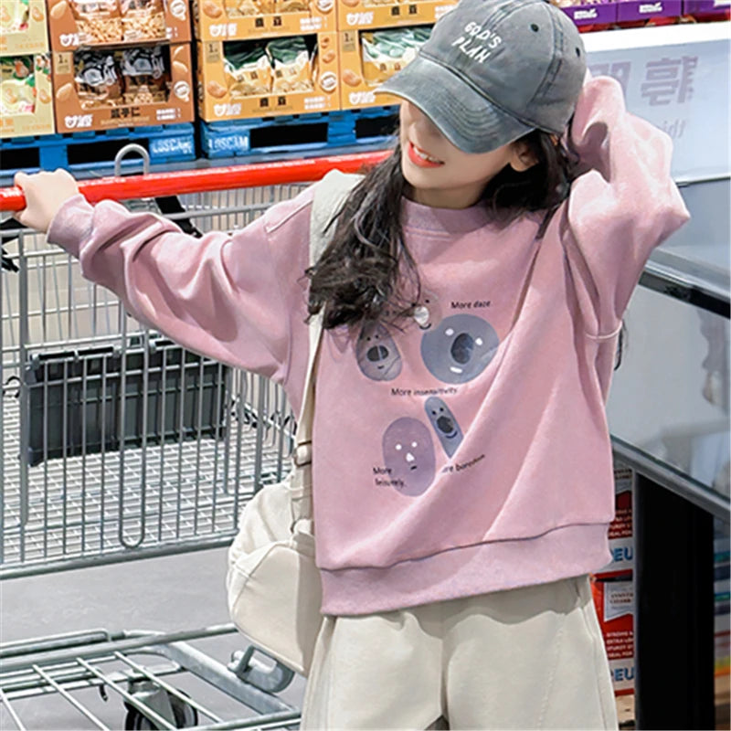 Fashion Cartoon Print Children's Sweatshirt For Teenage Girls Spring and Autumn Round Neck Sweatershirt Outfit Kids 5-14 Years