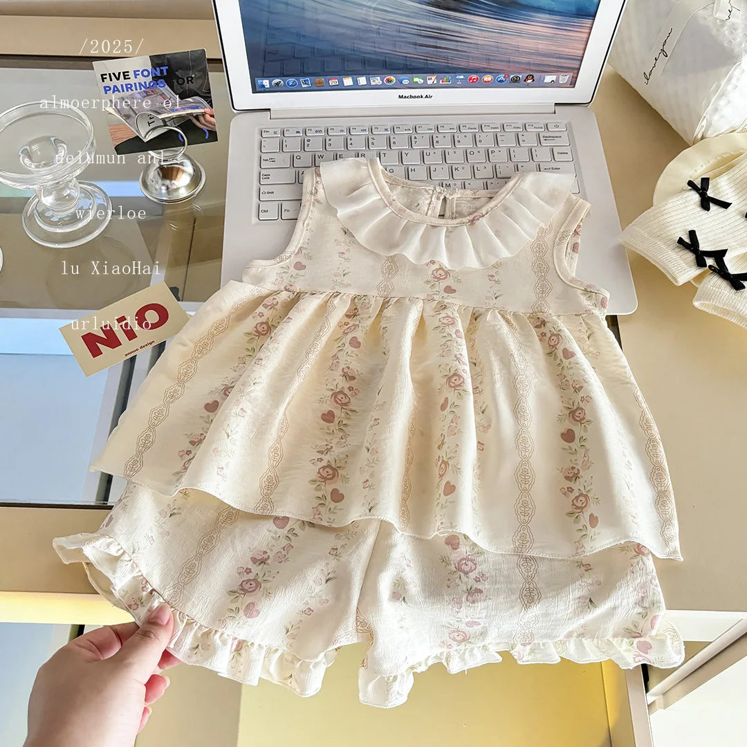 Baby Girls’ 2-Piece Summer Outfit – Sleeveless Floral Top & Cloud-Trim Skirt Lightweight Princess-Style Set Toddler Girl Clothes