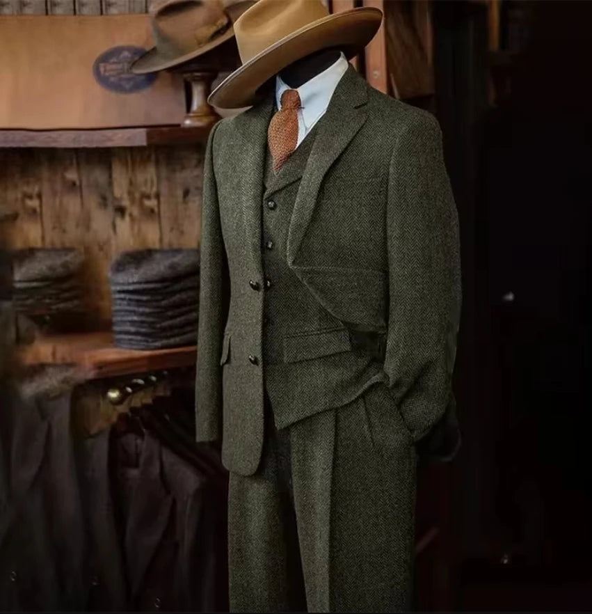 Men's Suits Blazer Pants Vest 3-piece Suit Herringbone Single Breasted Slim Fit Men Suit Set Luxury 2025 Costumes Man Formal