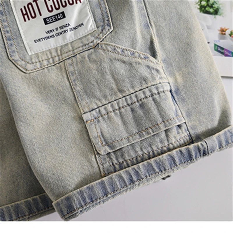 Kids Boy Loose Straight Denim Shorts with Pockets Children Fashion Trendy Hip-Hop Casual Mid Calf Jeans Shorts High Quality