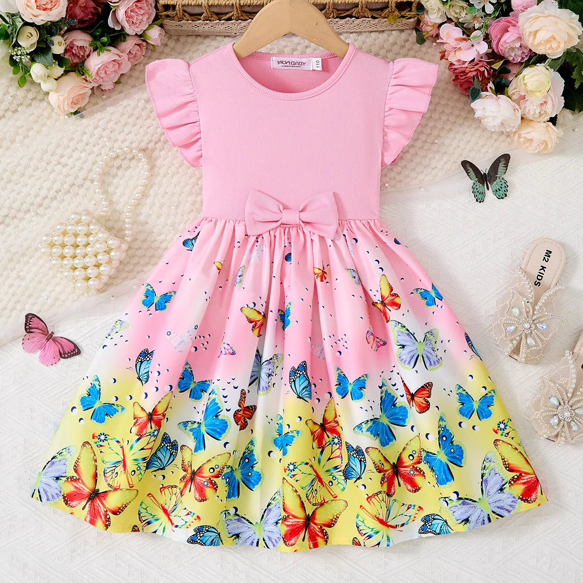 Girls Casual Dresses Denim Print Button Bow Ruffled sleeves Floral Tulle Cute Princess Formal Dresses Children Casual Dresses