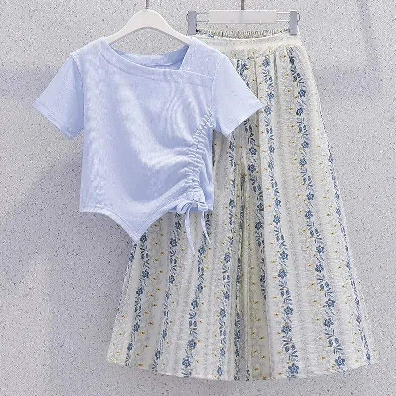 Summer Teenage Girls Clothes Set Children O-Neck Tshirt and Wide-leg pants Suit Student School Short Sleeve Top Bottom Outfits