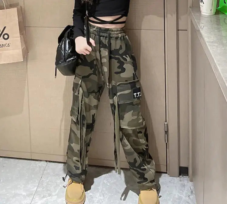 Girls Camouflage Pants Kids Fashion Casual High waisted wide leg pants 2026 Spring Fall ClothesTeen Girl Trousers 8 10 12 14Y