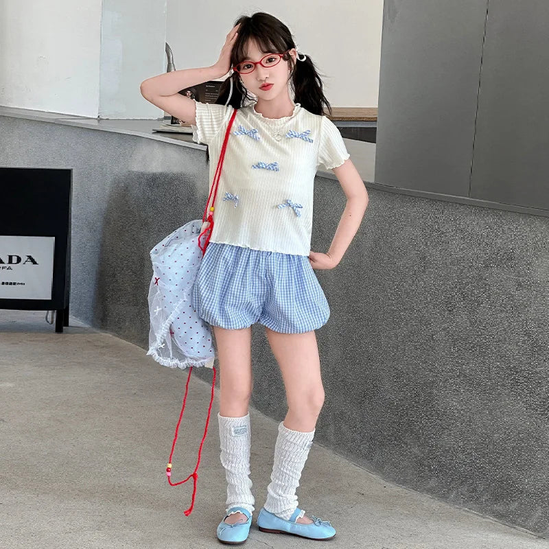 Teen Girls Clothing Sets of Clothes for Fitness Summer Outfit Korean Kids Clothing for Child Brief T-shirt Shorts 2PCS Suit 5-14