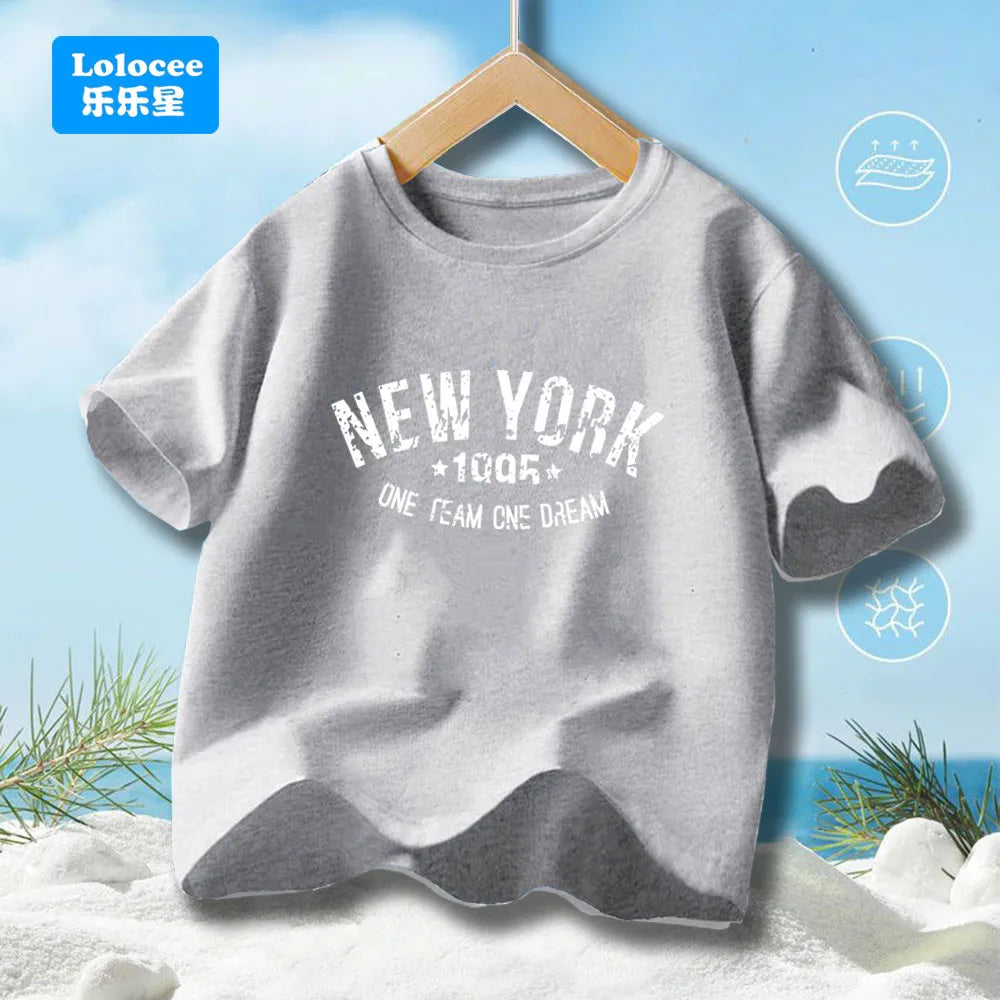 Teens Boys Summer Cotton Fashionable Casual T-shirt Kids New York Letter Printed Round Neck Short Sleeve T-shirt Top ZNYB1