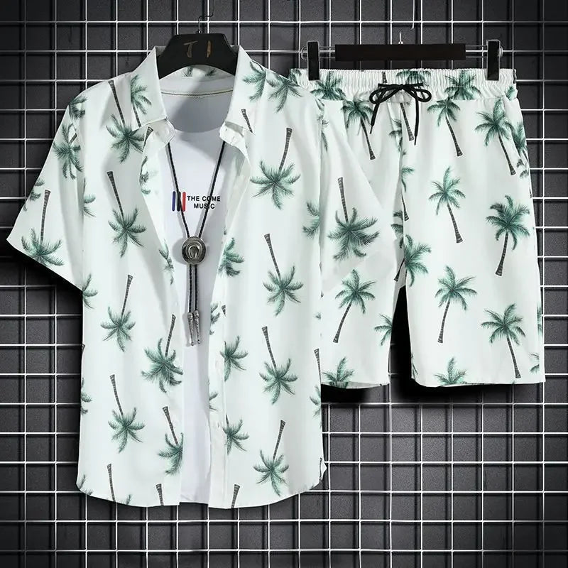 Summer New Men Beach Clothes 2 Piece Set Quick Dry Hawaiian Shirt Shorts Set Men Fashion Clothing Printing Casual Male Outfits