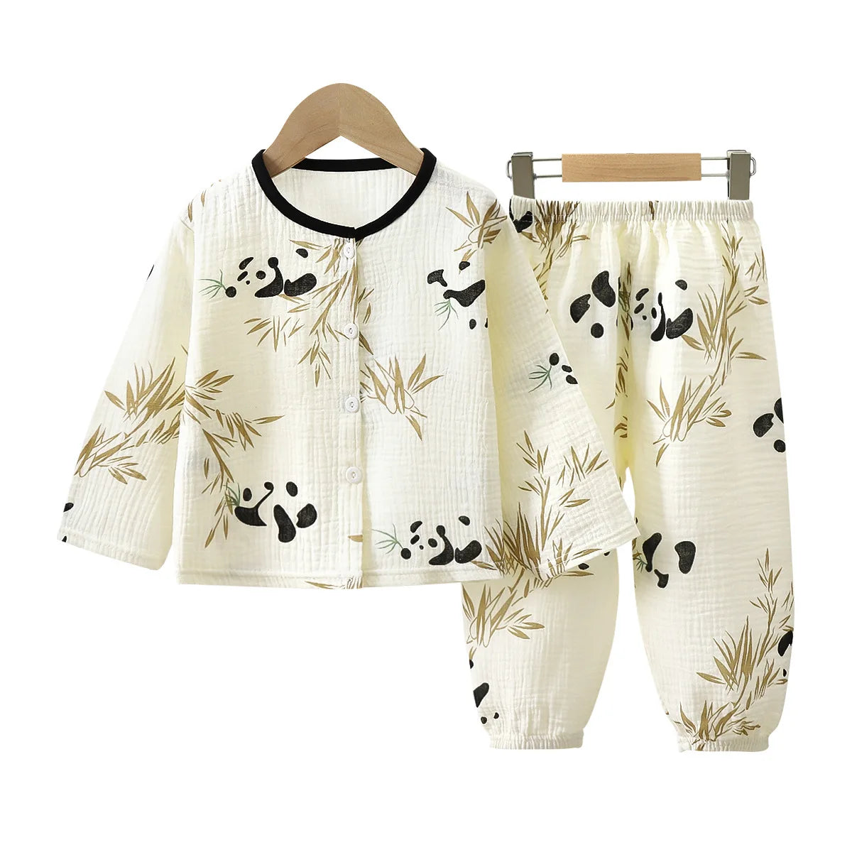 2Pcs Girls Summer Cotton Gauze Thin Pajamas Home Wear Cartoon Floral Print Long Sleeve Lace Trimmed Sleepwear Baby Clothing Set