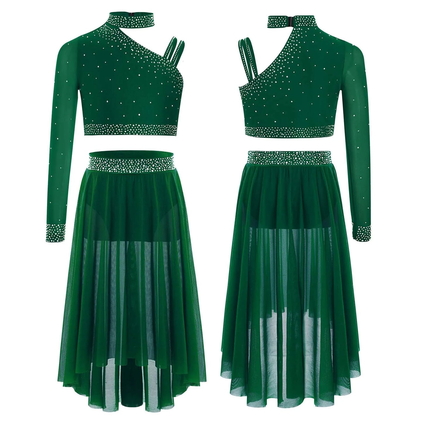 Girls Lyrical Dance Set Rhinestones Tops One Shoulder Crop Top with Side Slit Irregular Mesh Skirt Modern Contemporary Dancewear