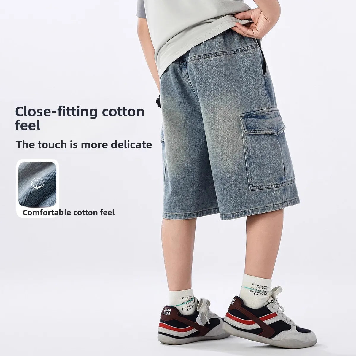 2026 Summer Teen Boys Denim Shorts Fashion Solid Color Big Pocket Thin Jeans Pants For 4-14 Years Kids Children Casual Trousers
