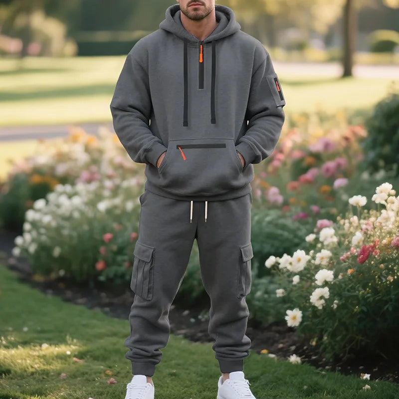 Men's sports suit style autumn and winter fleece men's casual sportswear zipper sweater multi-pocket work pants suit
