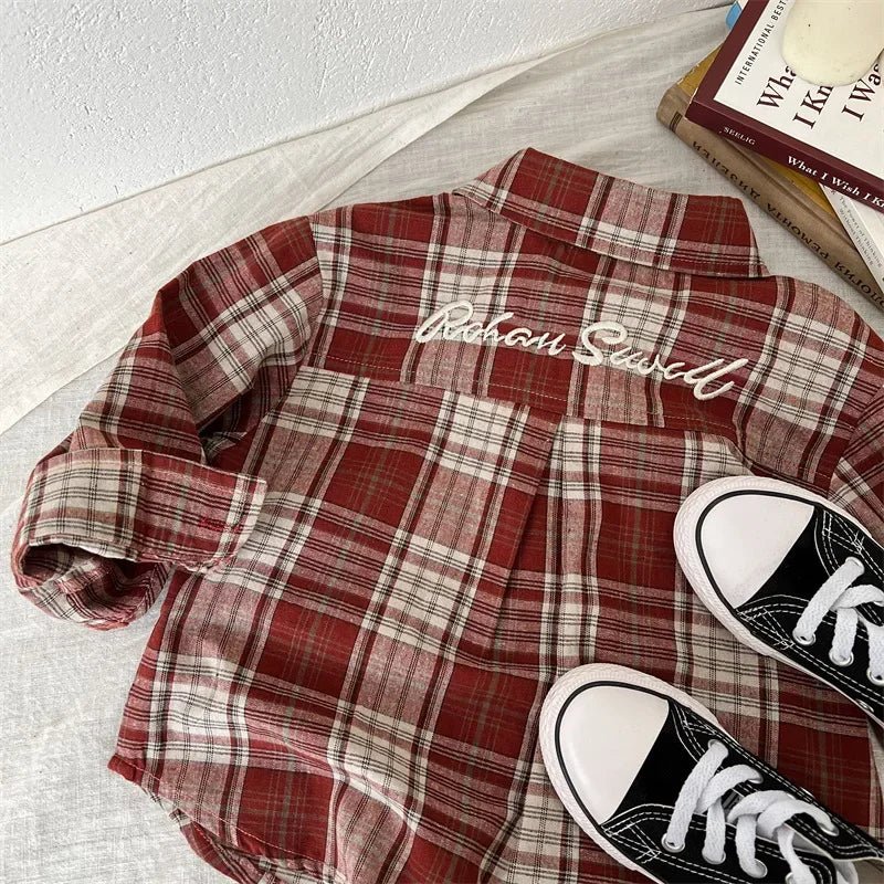Children Shirts 2024 Autumn New Style Boys and Girls Embroidered Plaid Shirts Baby Versatile Shirts Fashion Jacket