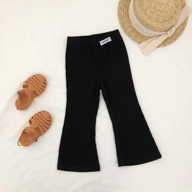 Girls' Bell Bottom Pants 2025 Spring New Style, Stylish, Solid Color, Slim Fit, 9% Casual Bottom Pants Trend for Little Girls