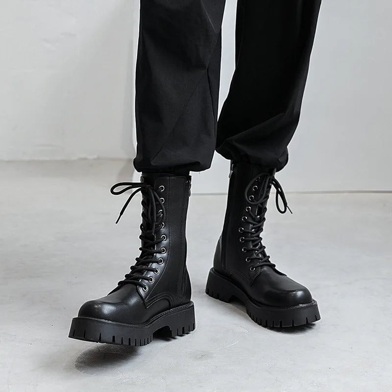 Men's Motorcycle Boots Fashion Casual Boots Men's High Top Leather Boots Fashion Thick Soled Non Slip Outdoor Boots