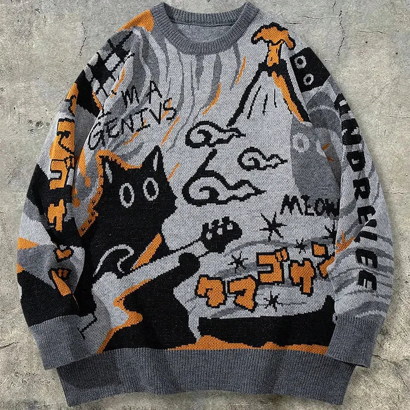 Men's retro cartoon knitted sweater for warmth, pullover casual long-sleeved knitted sweater for 2025 autumn-winter season
