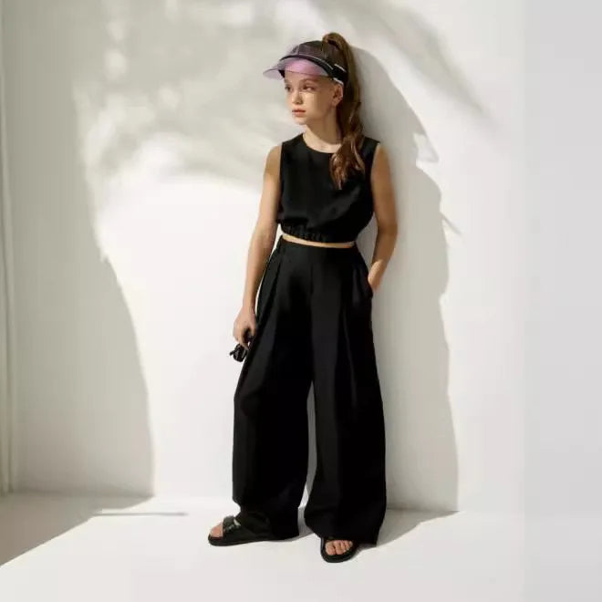 Girls Suit 2025 Summer Girls Cotton and Linen Fashion Waist Vest Suit Straight Pants Children's Two-piece Set Fashion