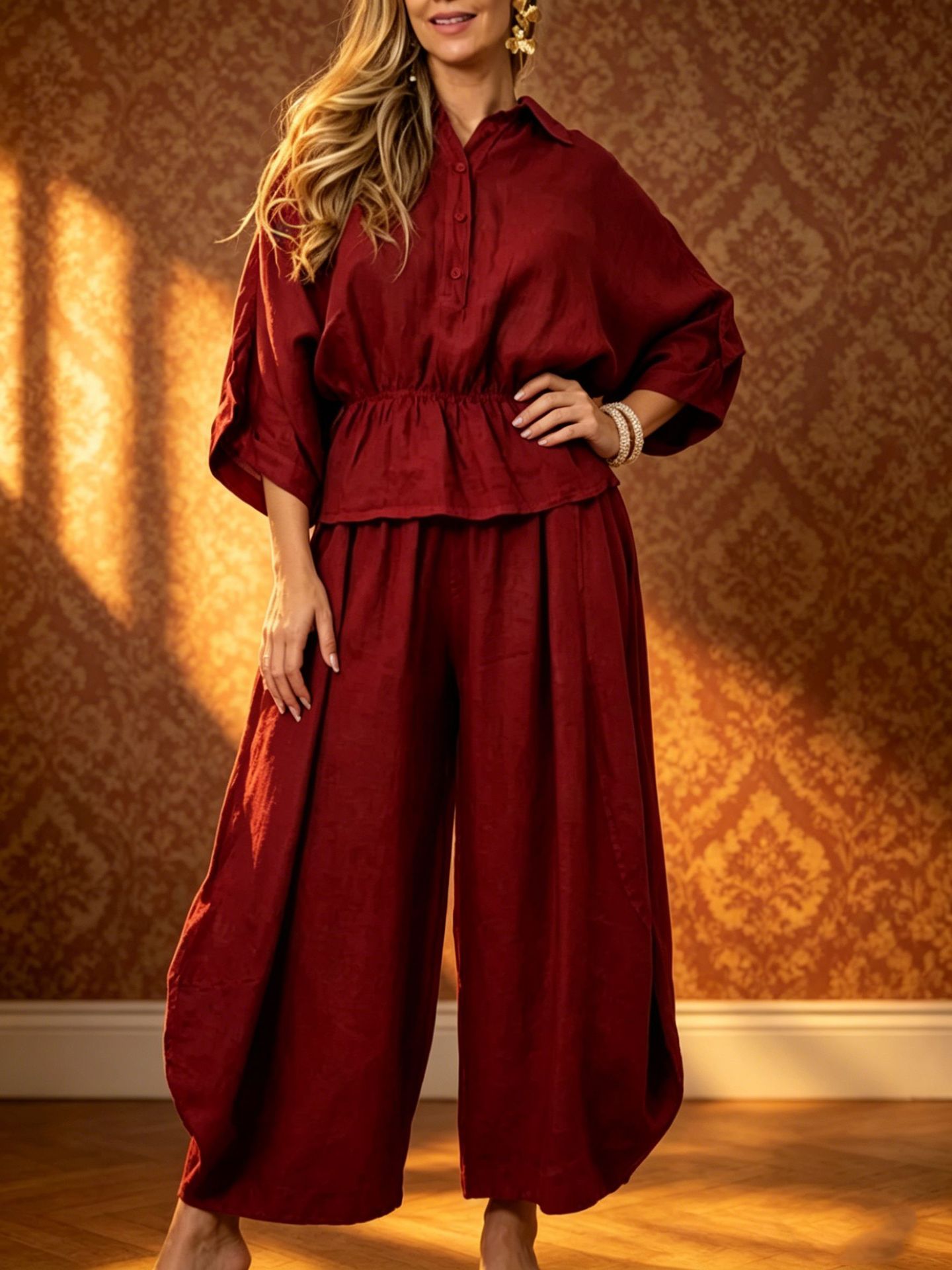 Women's Plus Size Belted Shirt & Wide-Leg Pants Two-Piece Set