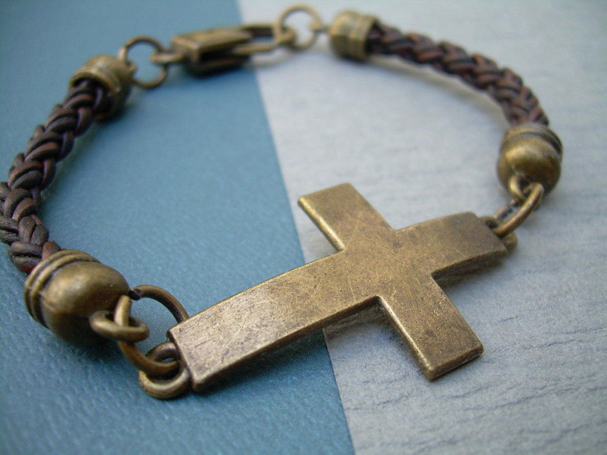 Cross Bracelet Braided Leather Bronze Toned with lobster Clasp Closure