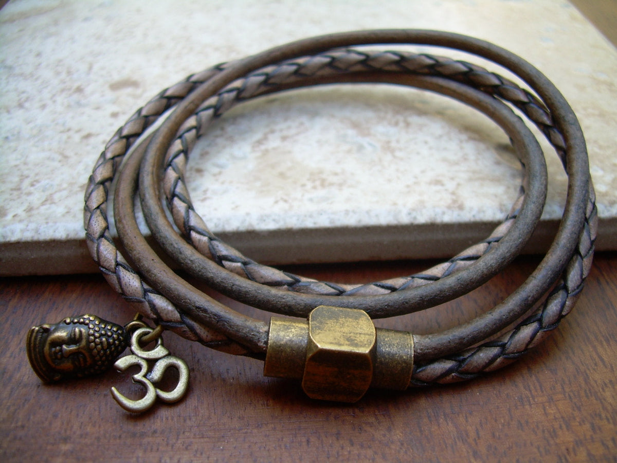 Double Wrap Leather Charm Bracelet for Men & Women, Magnetic Clasp, Brass Finish