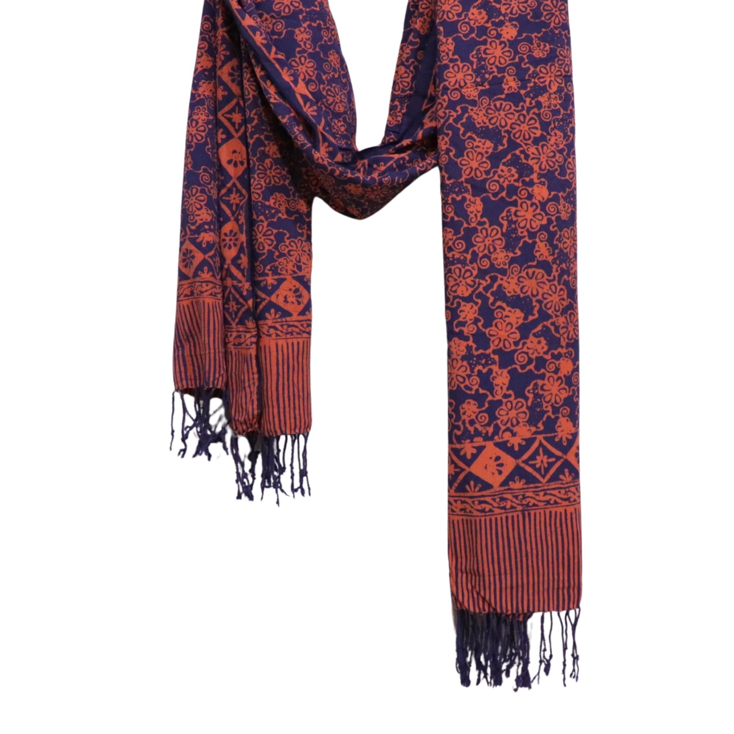 Hand Dyed Batik Scarf, Soft Cotton, Mangosteen, Blue, Pink, Fruit, Floral