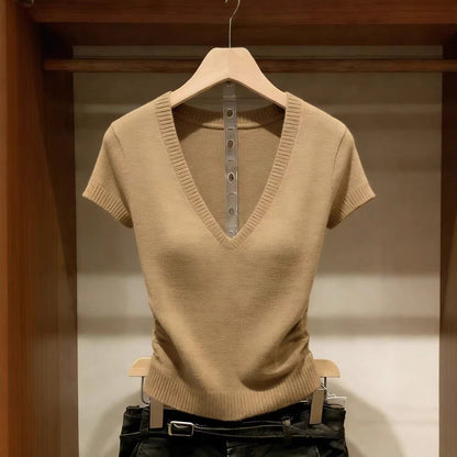 Women's khaki short-sleeve V-neck ice silk knit top featuring a slim-fit, ribbed texture, and lightweight design, hanging on a wooden hanger.