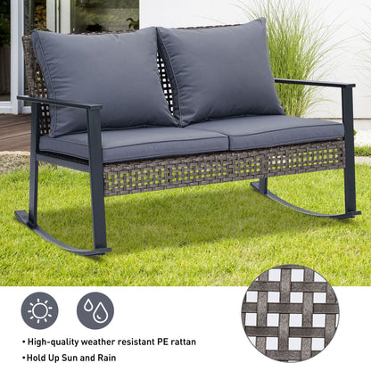 Ainfox Outdoor Patio Furniture Rocking Loveseat, Wicker Rattan Sofa