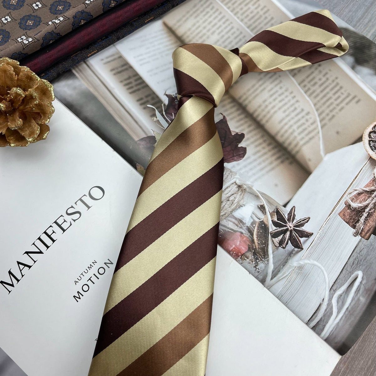 Retro Coffee Color Orange Red Striped Tie Hand Hit 8CM Men