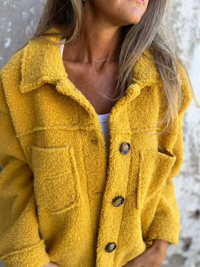 Comfortable Modern Women Full Size Fuzzy Button-Up Jacket with Drop Shoulder and Pockets