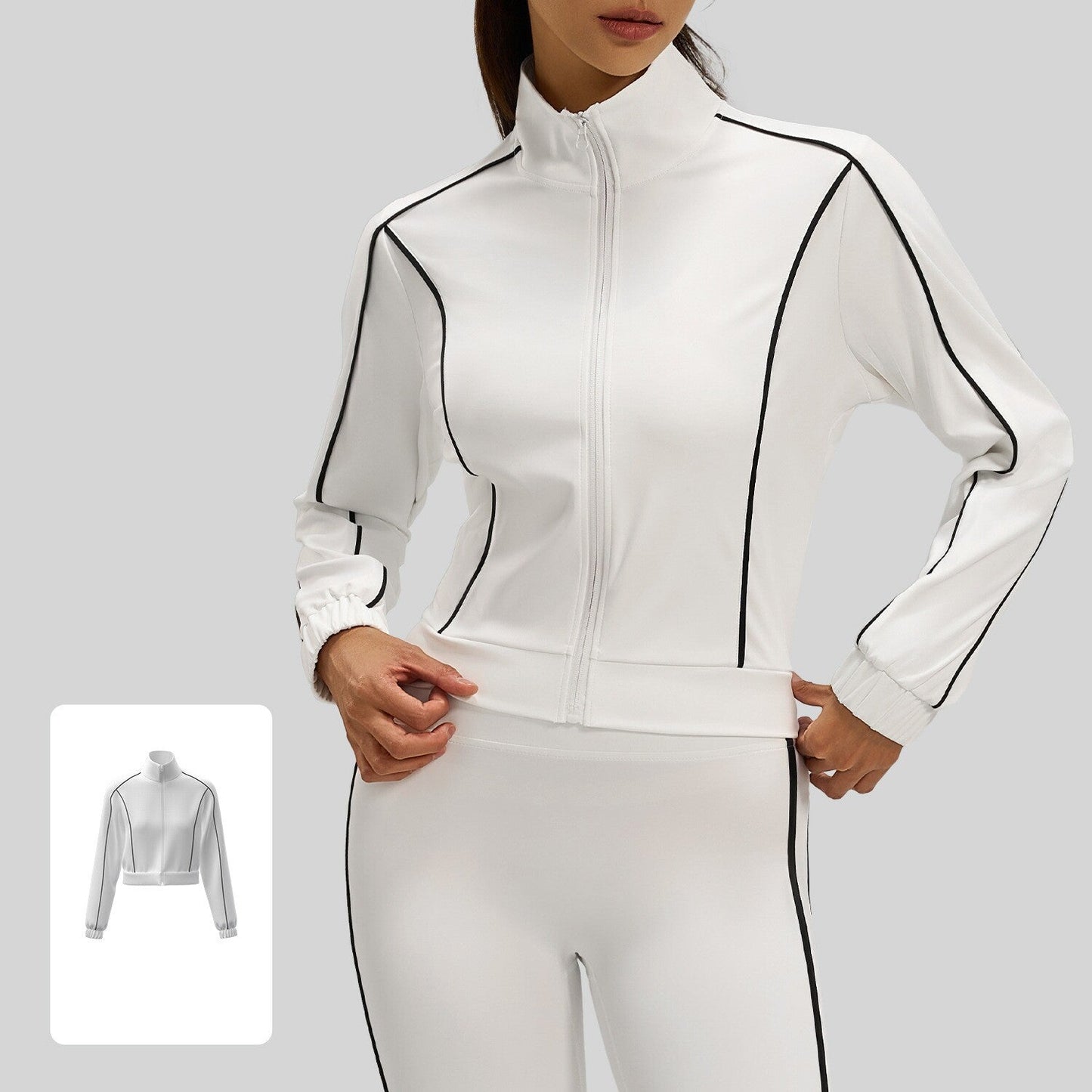 Women's white contrast stripe loose sports cardigan jacket, front view