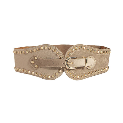 Women's Fashion Handsome Suede Rivet Elastic Wide Waist Seal Adjusting Western-style Elastic Belt