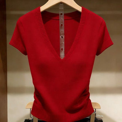 Women's red short-sleeve V-neck ice silk knit top featuring a slim-fit design, ribbed texture, and lightweight finish, hanging on a wooden hanger.
