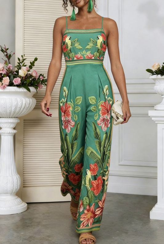 Printed Spaghetti Strap Wide-Leg Jumpsuit