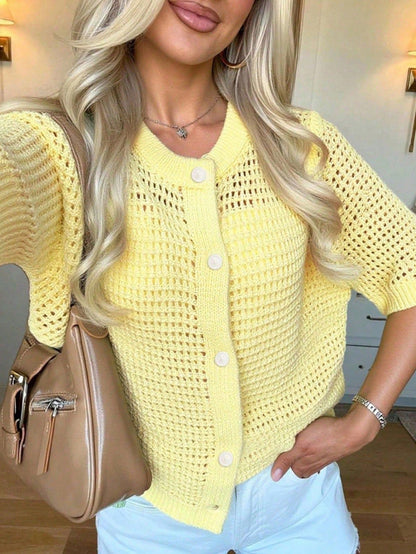 Women's Hollow-Out Knit Cardigan – Open Front, Short Sleeve, Solid Color