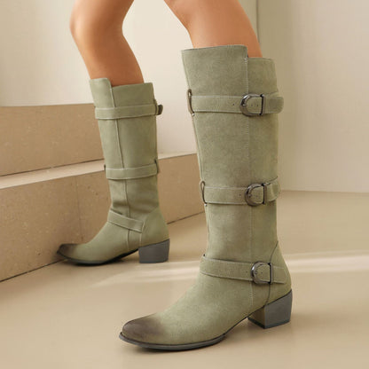 Women's Over-the-Knee High Heel Chunky Boots – Buckle Suede