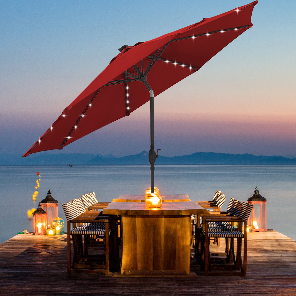 Ainfox 10ft Solar Patio Umbrella Outdoor Umbrella Market Umbrella for Backyard Deck Poolside With 32 LED Lights