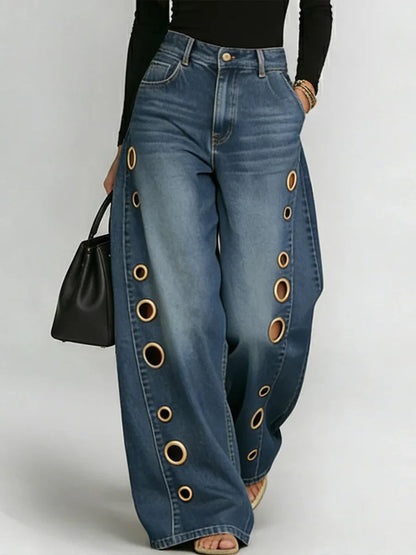 Women's Light Blue Metal Eyelet High Waist Loose Wide-Leg Jeans - Front Style View