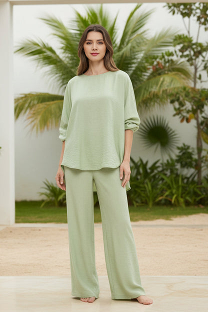 Women's Green Batwing Sleeve Loose Top & Wide Leg Pants Two-Piece Set