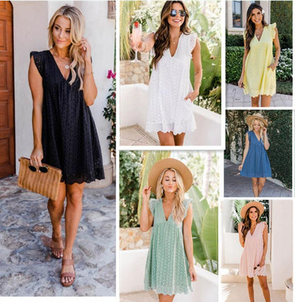 Women's Country Lace Jacquard Hollow V-Neck Dress