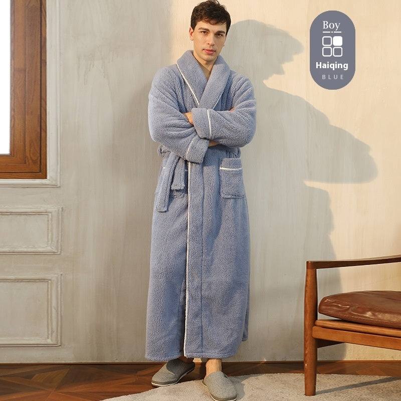 Autumn And Winter Thickened Cotton Velvet Nightgown Men's Winter Plus-sized Plus Size Light Luxury Couple Bathrobe Women's Extended Pajamas
