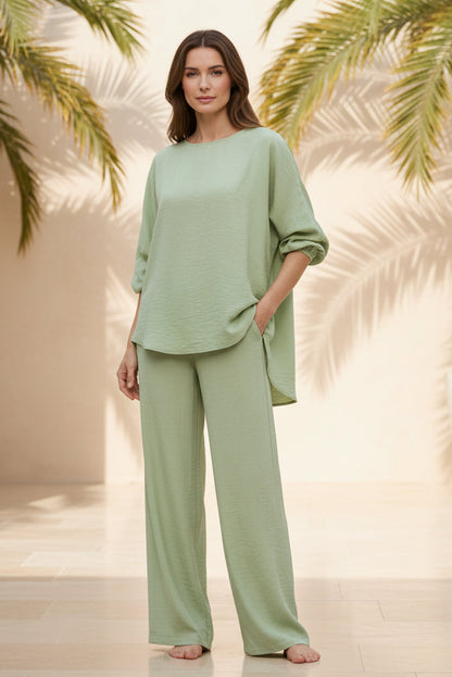 Women's Green Batwing Sleeve Loose Top & Wide Leg Pants Two-Piece Set - Tropical Background View