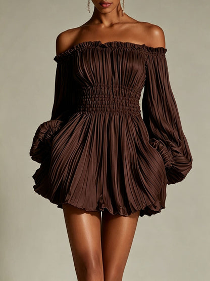 Women's dark brown off-shoulder pleated mini dress with smocked waist and puff sleeves
