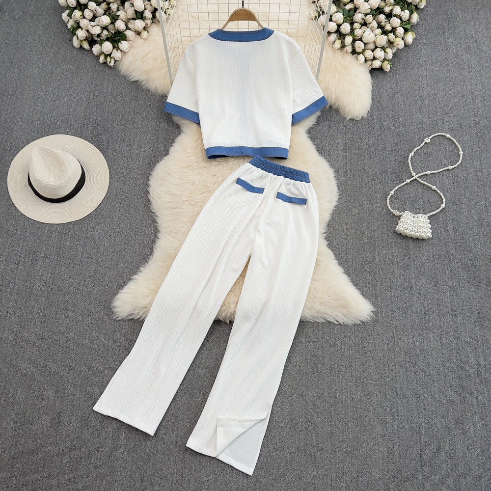 Fashion Two-Piece Set – Elegant Crewneck Single-Breasted Denim Contrast Crop Top + Skirt Suit