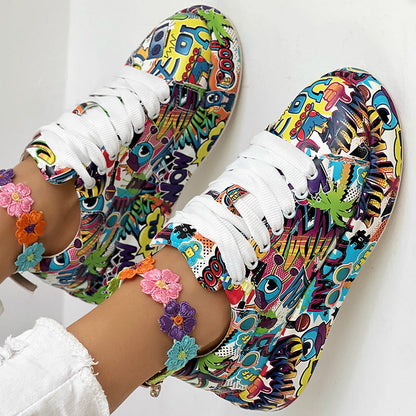 Round-Toe Thick-Sole Lace-Up Sneakers — Women’s Casual Print Shoes