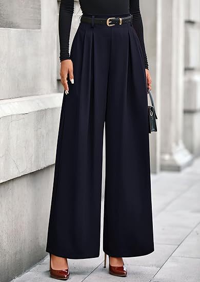 Women's pleated wide-leg trousers in classic black featuring a slimming drape silhouette, structured front pleats, and an adjustable belted waist.