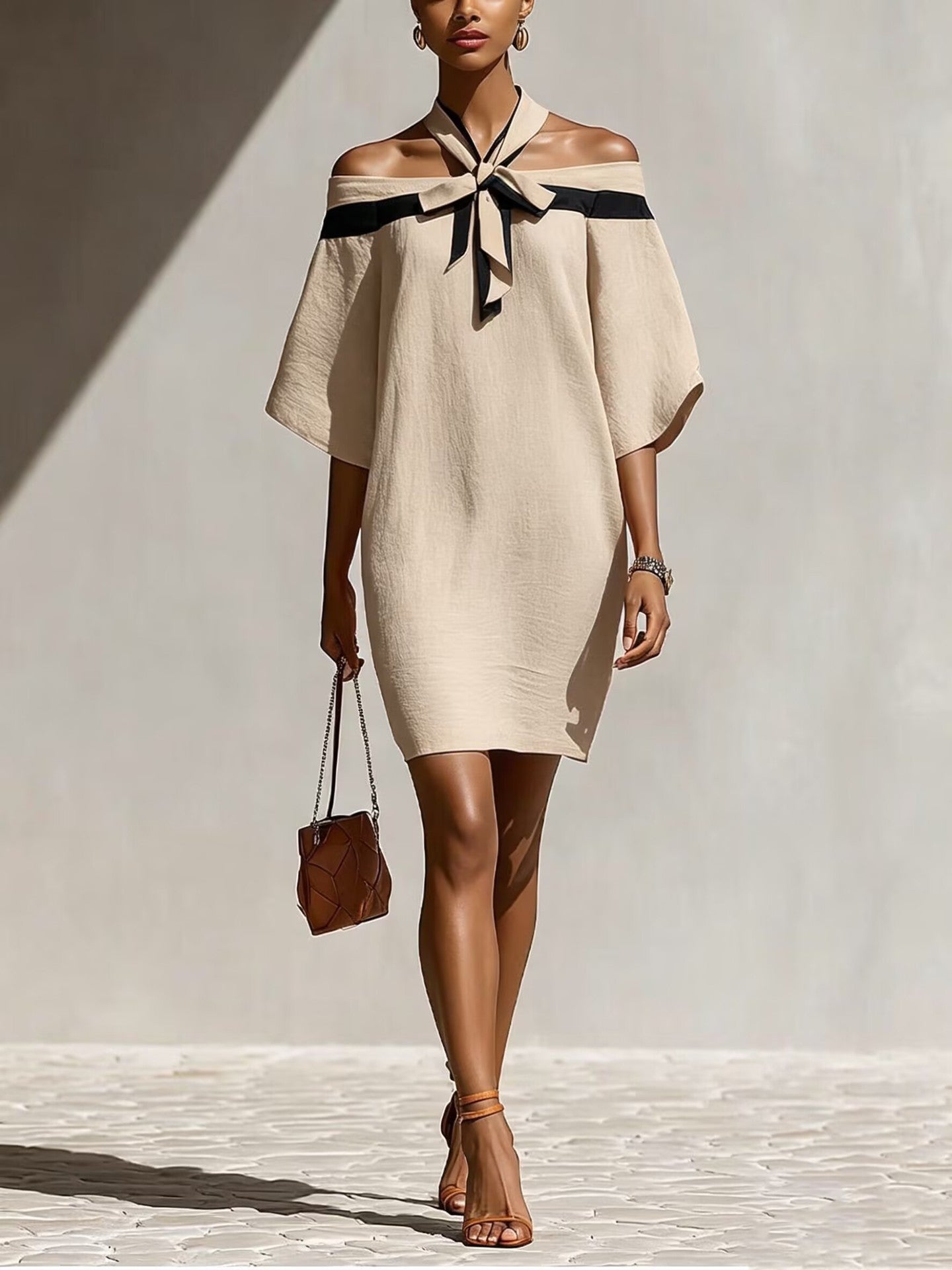 Woman wearing an apricot beige off-the-shoulder A-line mini dress with a contrasting black bow collar