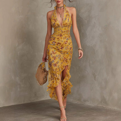 Full-length view of Women's Halter Neck Deep V Floral Maxi Dress in Yellow featuring waist-cinching detail and ruffle split hem
