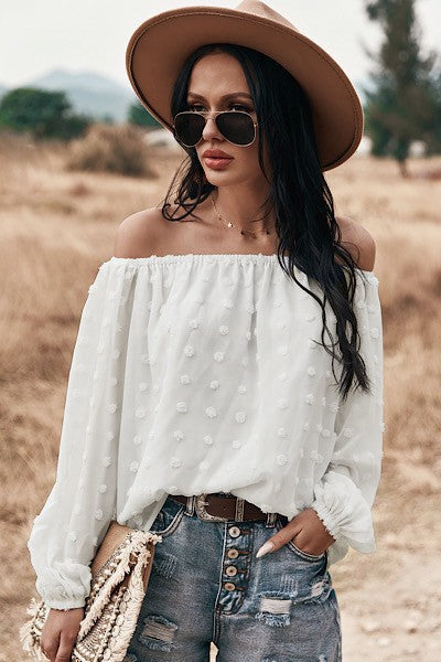 Miss Sparkling Off Shoulder Long Sleeve Dotted Top