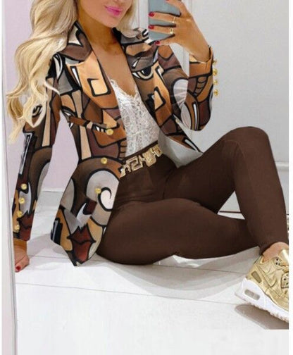 Women's Printed Coat & Trousers Two-Piece Set – 19 Prints, Casual Fashion Suit